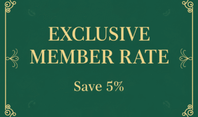 Exclusive hotel member rate, save 5%, elegant green background, ornate corners.