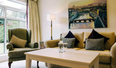 Elegant hotel lounge with plush seating, cityscape art, garden views, and complimentary refreshments.