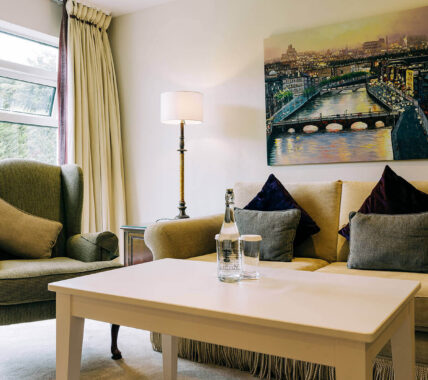 Elegant hotel lounge with plush seating, cityscape art, garden views, and complimentary refreshments.